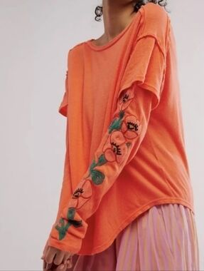 Free People Not Your Poppy Embroidered Orange Long Sleeve Size Small